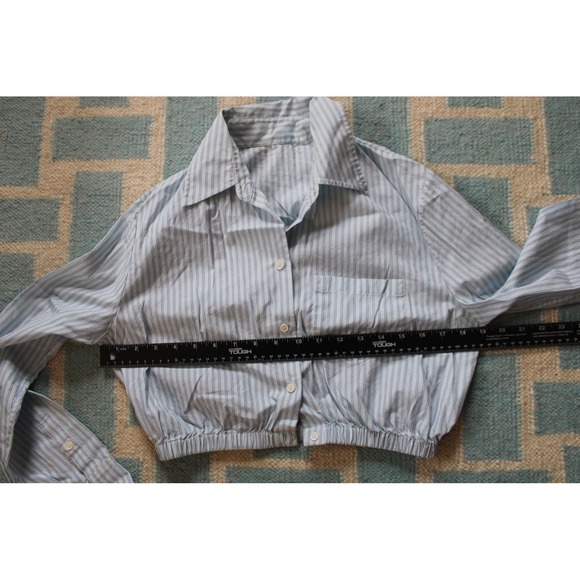 Maje Size M? Blue Striped Poplin Cropped Button Down Shirt Top Elastic Hem - Picture 9 of 10